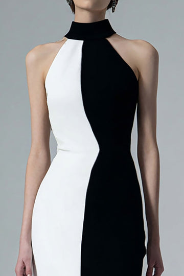 Black White High Neck Sheath Long Formal Dress with Slit